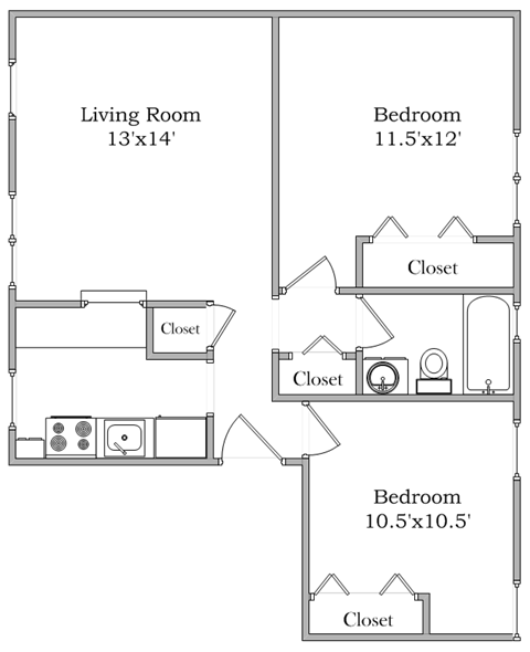 Floor plan for 2 beds, 1 bath, 735 sqft